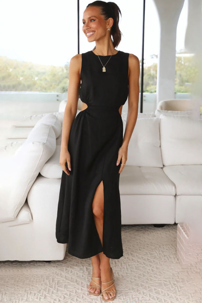 Boat Neck Cut Out A Line Sleeveless Midi Dress-Hayhty.All Rights Reserved.