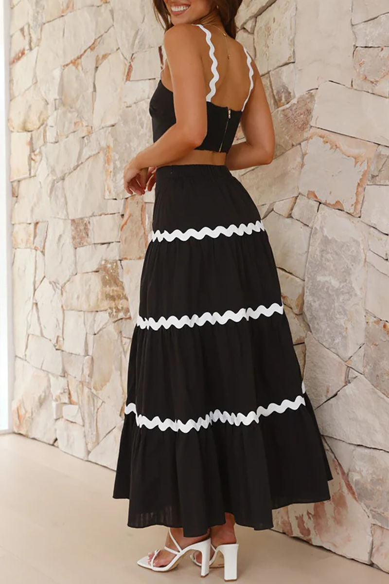 Colorblock Ripple Trim Crop Cami High Waist A-Line Maxi Skirt Matching Set-White-Hayhty.All Rights Reserved.
