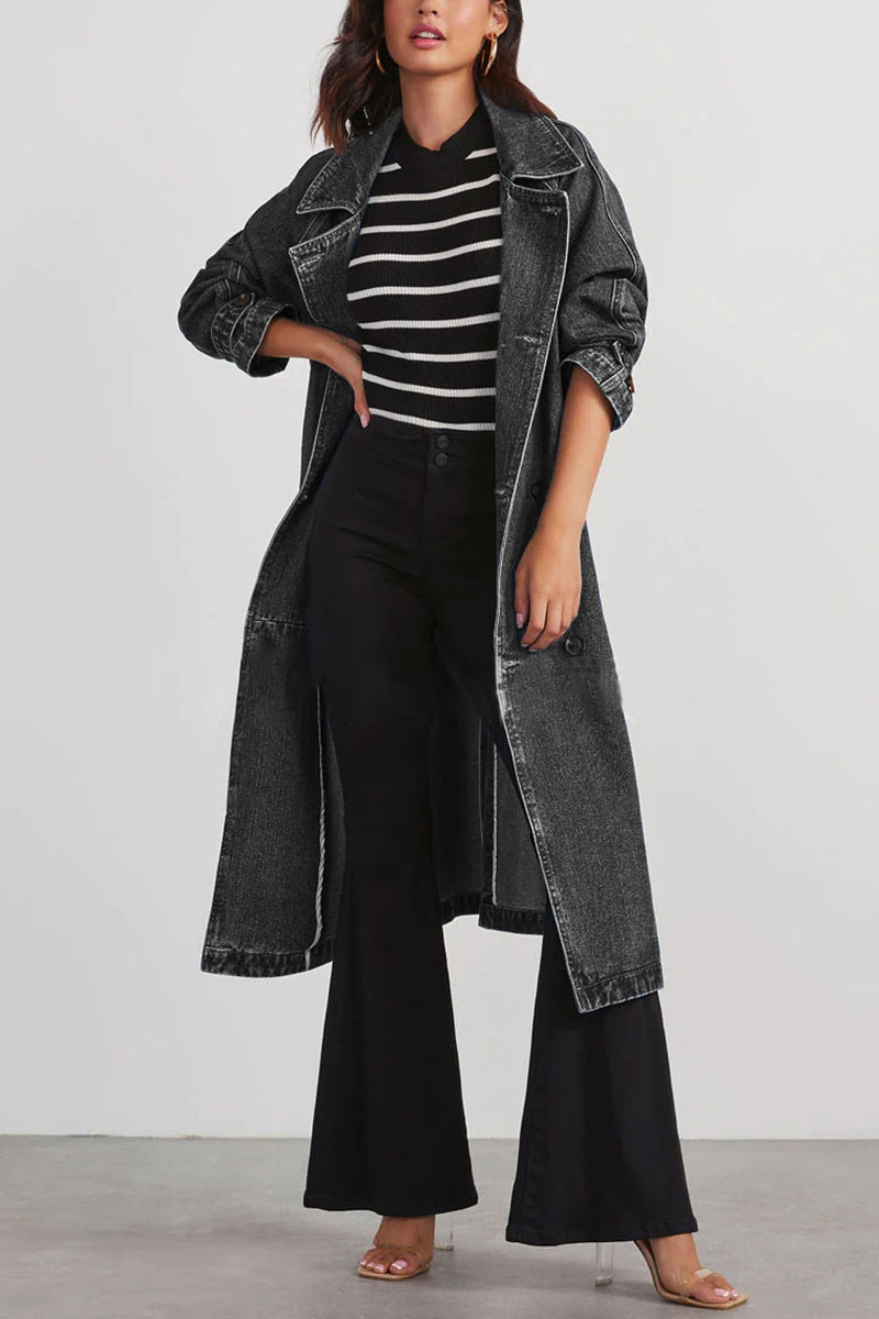 Turndown Collar Long Sleeve Double-Breasted Tie Up Denim Trench Coat-Blue-Hayhty.All Rights Reserved.