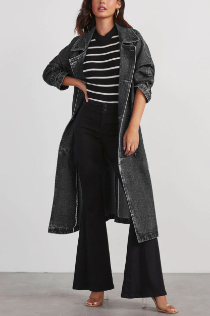 Turndown Collar Long Sleeve Double-Breasted Tie Up Denim Trench Coat-Blue-Hayhty.All Rights Reserved.