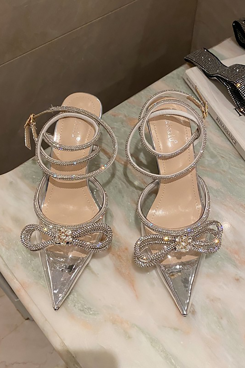 Rhinestone Bow Patchwork Pointy High Heel Sandals-Hayhty.All Rights Reserved.