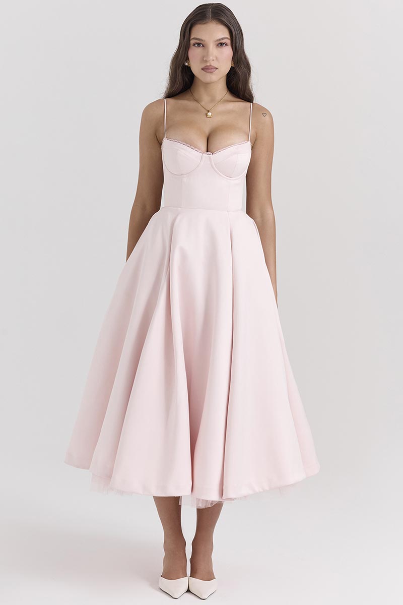 Elegant Cinch Waist Party Bridesmaid Tulle Layered Midi Slip Dresses-Pink-Hayhty.All Rights Reserved.
