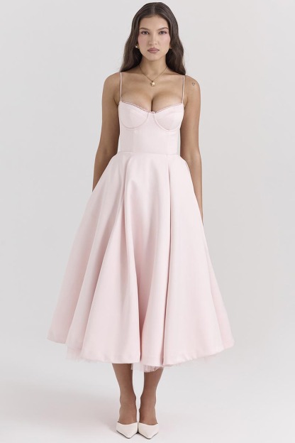 Elegant Cinch Waist Party Bridesmaid Tulle Layered Midi Slip Dresses-Pink-Hayhty.All Rights Reserved.