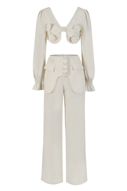 Floral Patchwork V Neck Crop Top High Waist Wide Leg Pants 2pcs Set-Beige-Hayhty.All Rights Reserved.