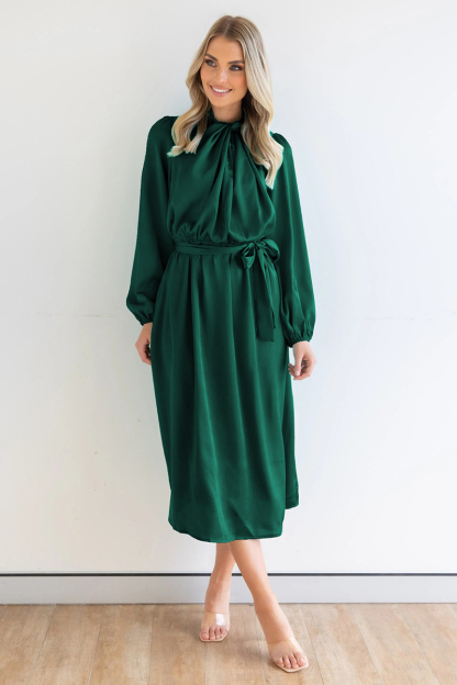 Ruched Knotted Long Sleeve Satin Midi Dresses-Hayhty.All Rights Reserved.