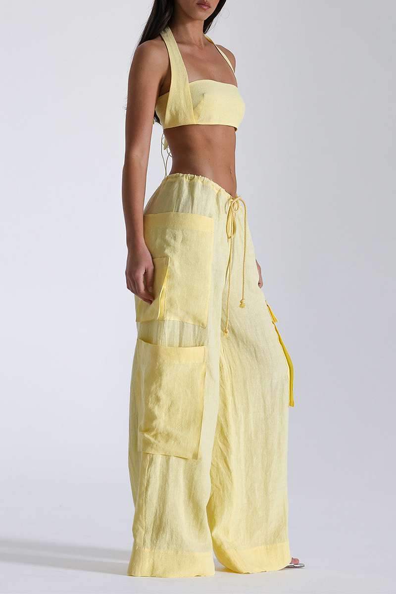 Halter Crop Top Oversize Pocket Wide Leg Pants Matching Set-Yellow-Hayhty.All Rights Reserved.