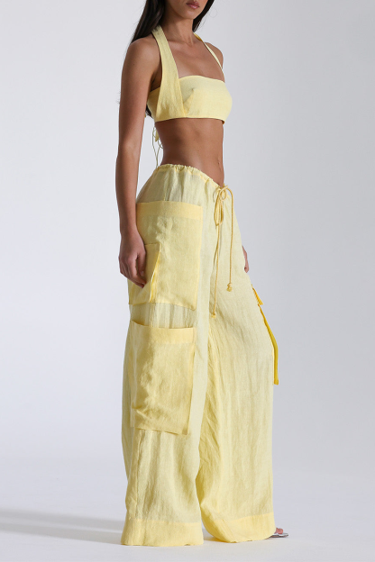 Halter Crop Top Oversize Pocket Wide Leg Pants Matching Set-Yellow-Hayhty.All Rights Reserved.