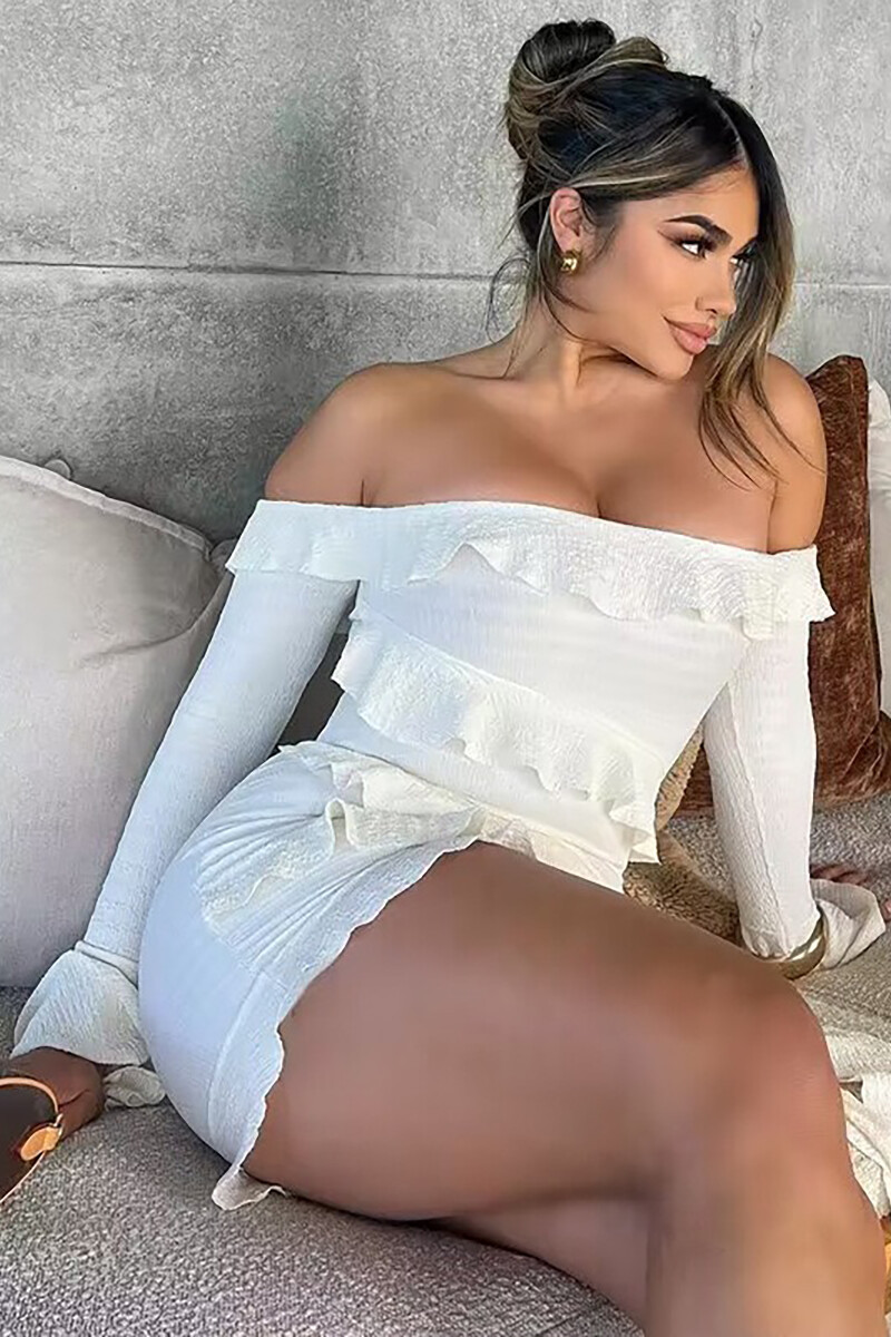 Ruffled Trim Off Shoulder Flare Sleeve Bodycon Streamer Mini Dresses-White-Hayhty.All Rights Reserved.