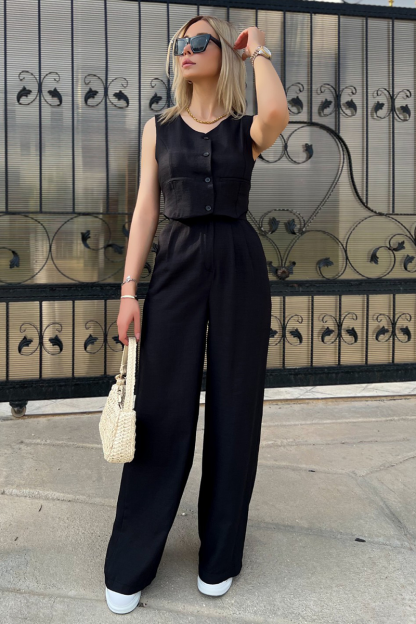 V Neck Button Up Vest Solid Color Pants Matching Set-Green-Hayhty.All Rights Reserved.