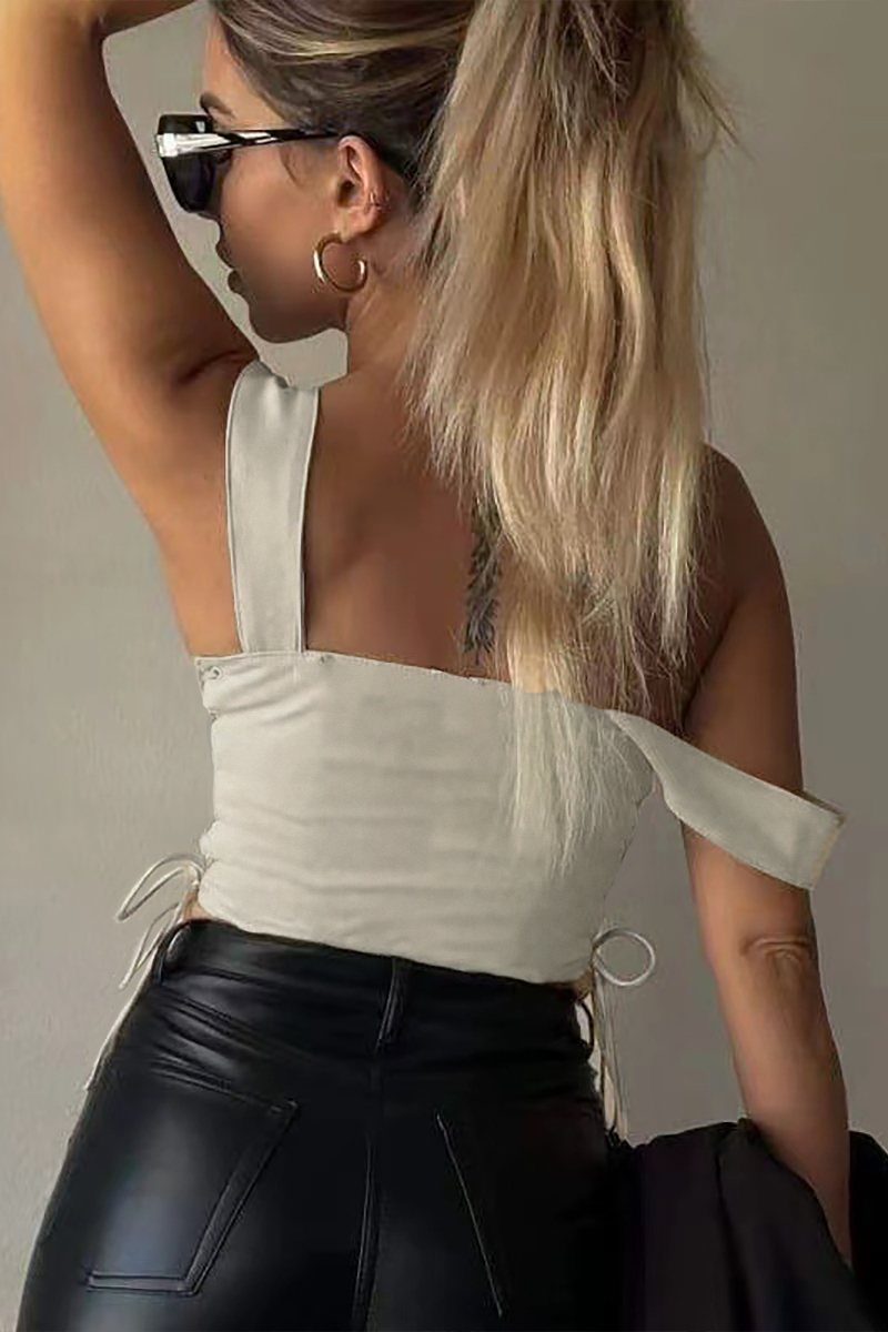Wide Straps Boat Neck Cutout Lace Up Crop Corset-Beige-Hayhty.All Rights Reserved.