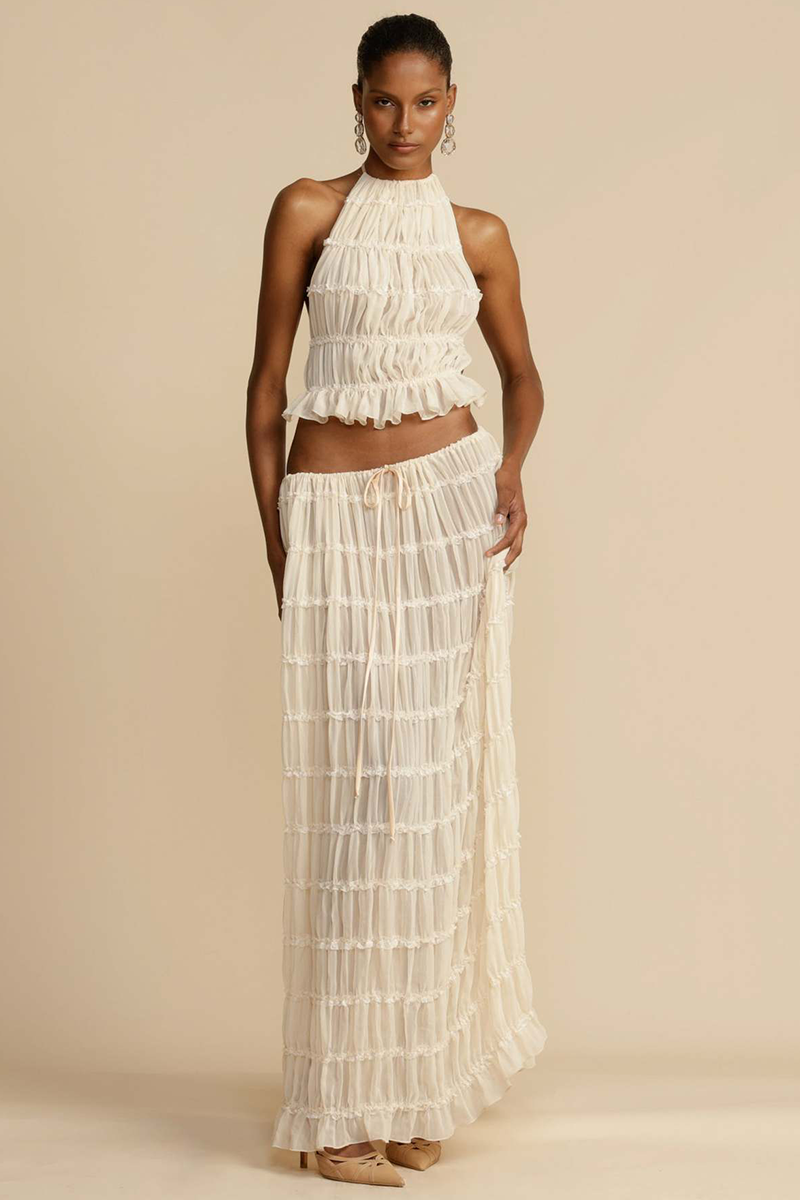 Solid Color Pleated Halter Backless Crop Top Ruffled Trim Maxi Skirt Matching Set-White-Hayhty.All Rights Reserved.