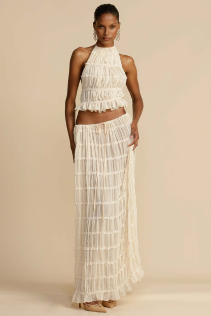 Solid Color Pleated Halter Backless Crop Top Ruffled Trim Maxi Skirt Matching Set-White-Hayhty.All Rights Reserved.