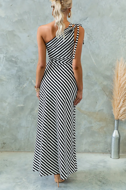 Striped Print Sleeveless One Shoulder Maxi Dresses-Black-Hayhty.All Rights Reserved.