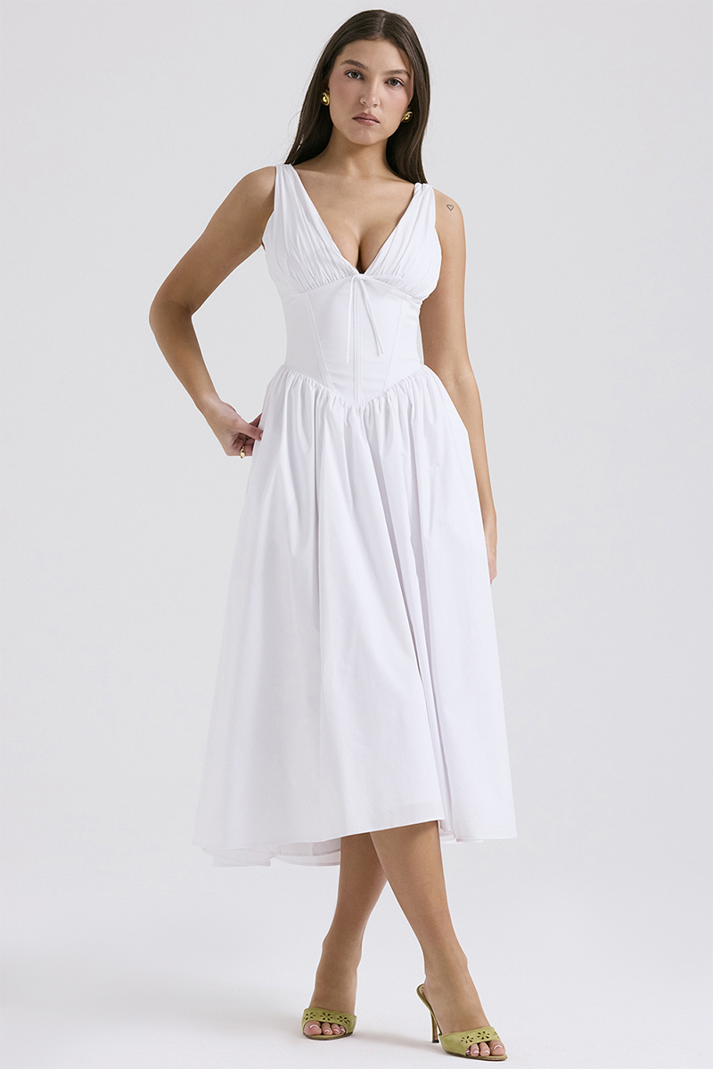 Deep V Neck Cinch Waist Solid Color Midi Tank Dresses-White-Hayhty.All Rights Reserved.