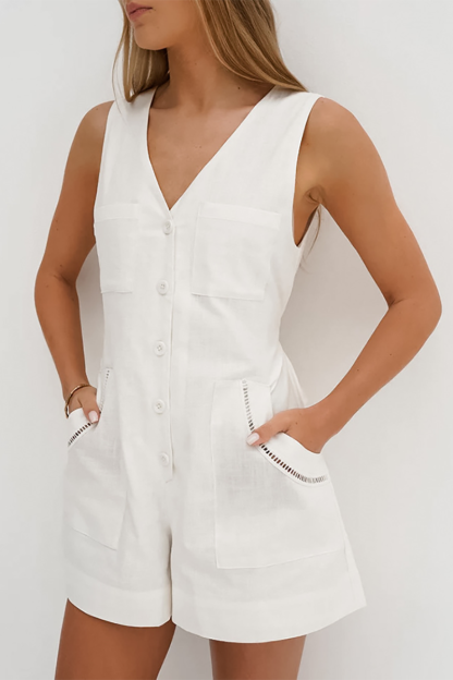 Solid Color Sleeveless V Neck Button Up Pocket Casual Playsuit Romper-White-Hayhty.All Rights Reserved.