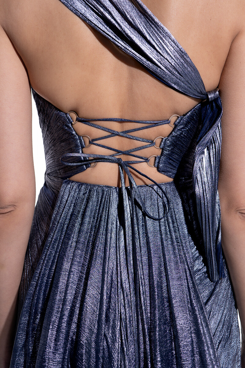One Shoulder Lace Up Backless Pleated Slit Maxi Dresses-Navy-Hayhty.All Rights Reserved.