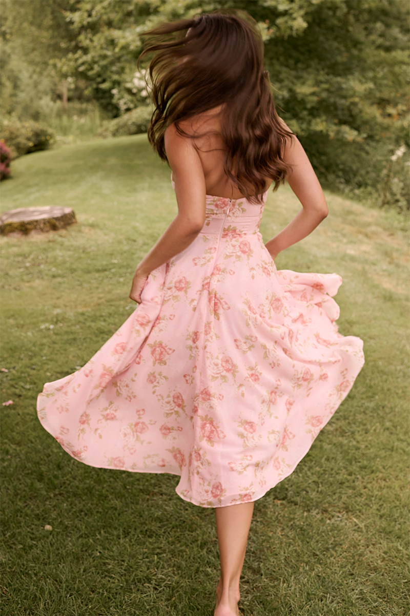 Deep V Neck Floral Print Cinch Waist Halter Midi Dresses-Pink-Hayhty.All Rights Reserved.