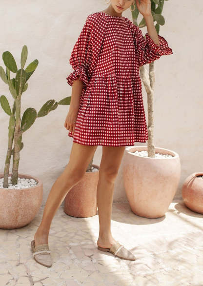 Round Neck Half Sleeve Plaid Mini Dress - Red-Hayhty.All Rights Reserved.