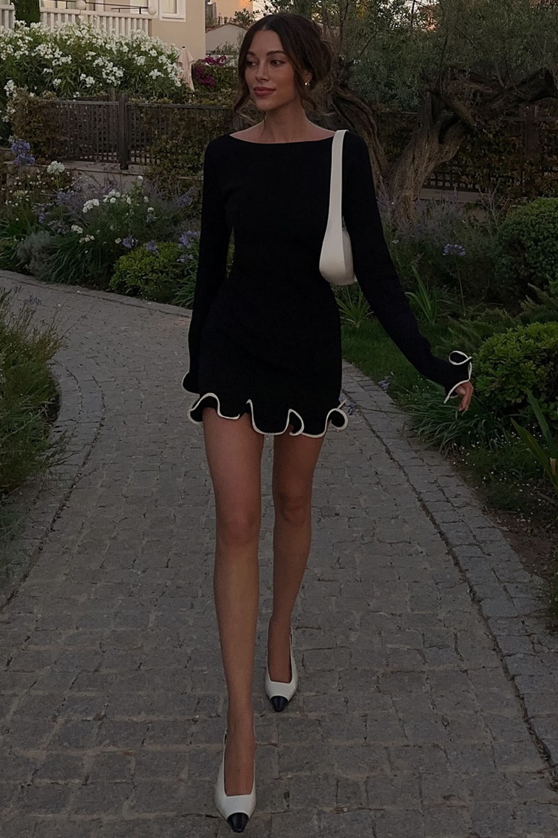 Colorblock Lettuce Trim Long Sleeve Slim-Fit Knit Mini Dresses-White-Hayhty.All Rights Reserved.