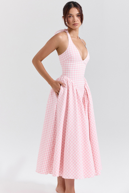 Plaid Print Halter Deep V Neck A-Line Midi Dresses-Pink-Hayhty.All Rights Reserved.