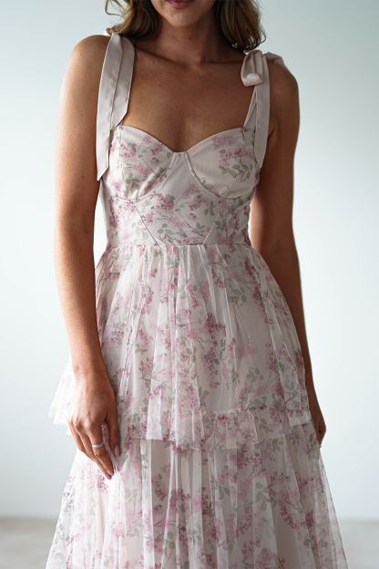 Tie Up Straps Cinch Waist Floral Print Tiered Maxi Dresses-Pink-Hayhty.All Rights Reserved.