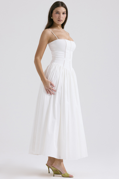 Spaghetti Strap Boat Neck Cinch Waist Pleated Hem Maxi Dresses-White-Hayhty.All Rights Reserved.