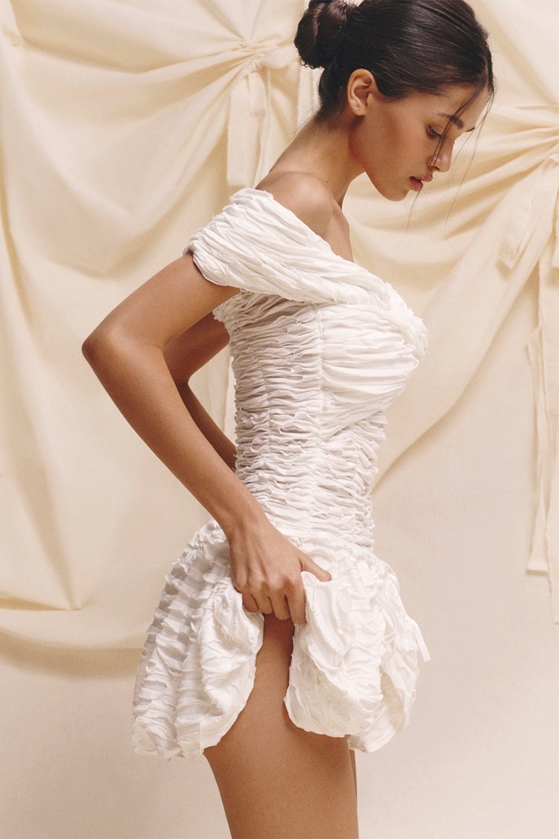 Off Shoulder Ruched Cinch Waist Tie Up Mini Dresses-White-Hayhty.All Rights Reserved.