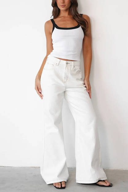 U Neck Contrast Piping Slim Fit Knit Crop Cami-White-Hayhty.All Rights Reserved.