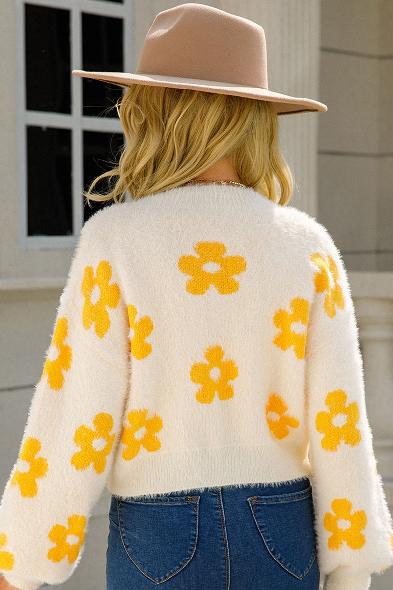 Floral Knitted Jacket Puff Sleeve Sweater Cardigan-Hayhty.All Rights Reserved.