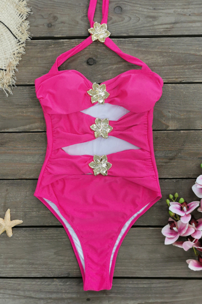 Metal Flower Decor Hollow Out One-Piece Swimsuit Mini Skirt Bikini Set-Black-Hayhty.All Rights Reserved.
