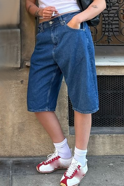 Denim Pocket Casual Fifth Pants-Blue-Hayhty.All Rights Reserved.