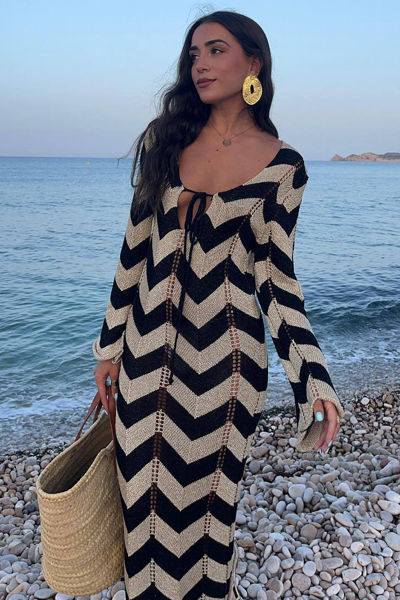Colorblock Wavy Crochet Long Sleeve Vacation Cover-Up Maxi Dresses-Black-Hayhty.All Rights Reserved.
