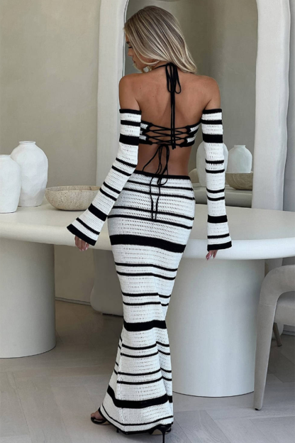 Striped Off Shoulder Long Sleeve Crop Top Knit Maxi Skirt Matching Set-White-Hayhty.All Rights Reserved.
