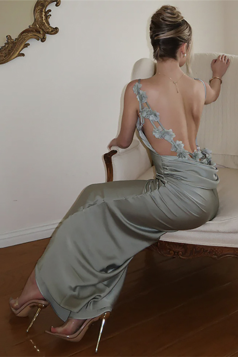 Open Back Draped Trim 3D Flower Decor Bridesmaid Slip Maxi Dresses-Green-Hayhty.All Rights Reserved.