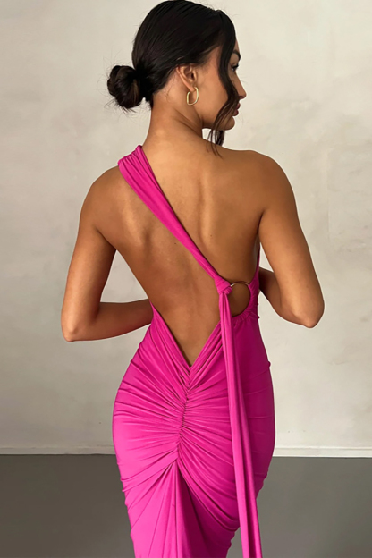 One Shoulder Sleeveless Sash Ring Decor Ruched Backless Elegant Evening Gown White Maxi Dresses-Hayhty.All Rights Reserved.