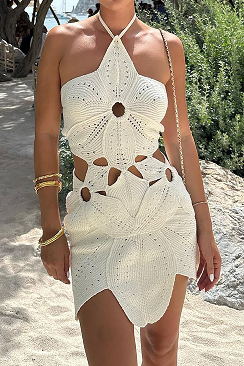 Knit Cutout Bodycon Halter Neck Irregular Mini Dresses-White-Hayhty.All Rights Reserved.