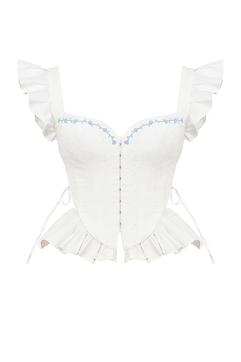 Side Cutout Embroidery Ruffled Corset Midi Skirt 2pcs Set-White-Hayhty.All Rights Reserved.