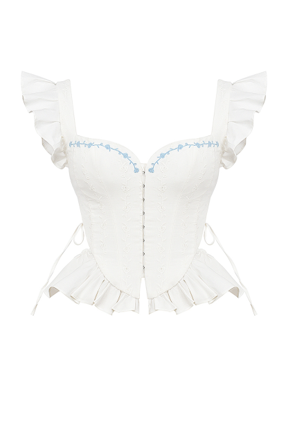 Side Cutout Embroidery Ruffled Corset Midi Skirt 2pcs Set-White-Hayhty.All Rights Reserved.