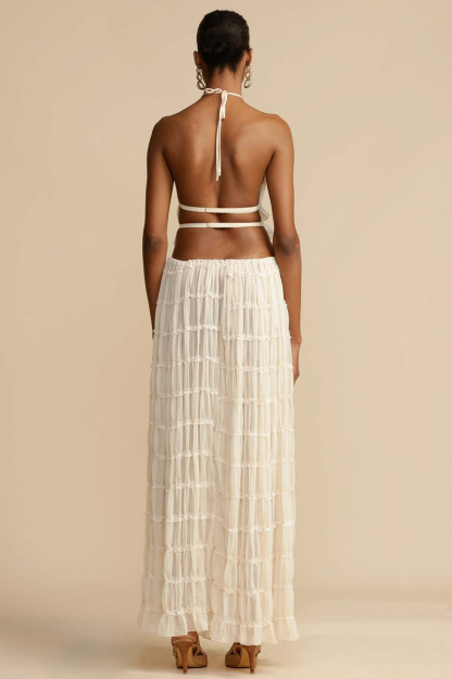 Solid Color Pleated Halter Backless Crop Top Ruffled Trim Maxi Skirt Matching Set-White-Hayhty.All Rights Reserved.