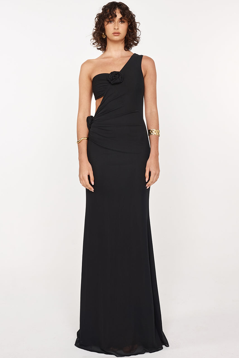 3D Flower Ruched Backless One Shoulder Gowns Maxi Dresses-Black-Hayhty.All Rights Reserved.