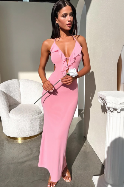 Ruffled Bodycon Open Back Halter Maxi Dresses-White-Hayhty.All Rights Reserved.