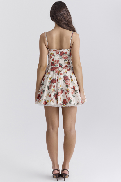 Floral Pattern Cinch Waist Mini Slip Dresses-White-Hayhty.All Rights Reserved.