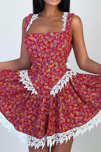 Ditsy Floral Print Lace Patchwork Backless Wide Straps Mini Dresses-Red-Hayhty.All Rights Reserved.