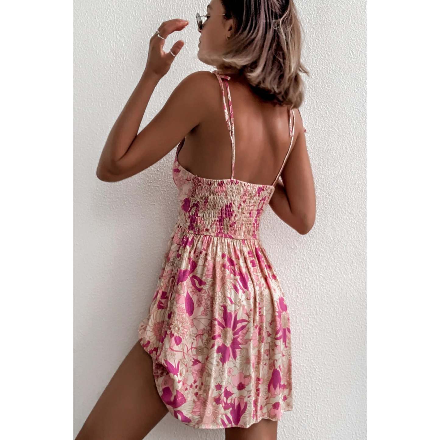 Lace Up Back Floral Casual Mini Dresses-Hayhty.All Rights Reserved.