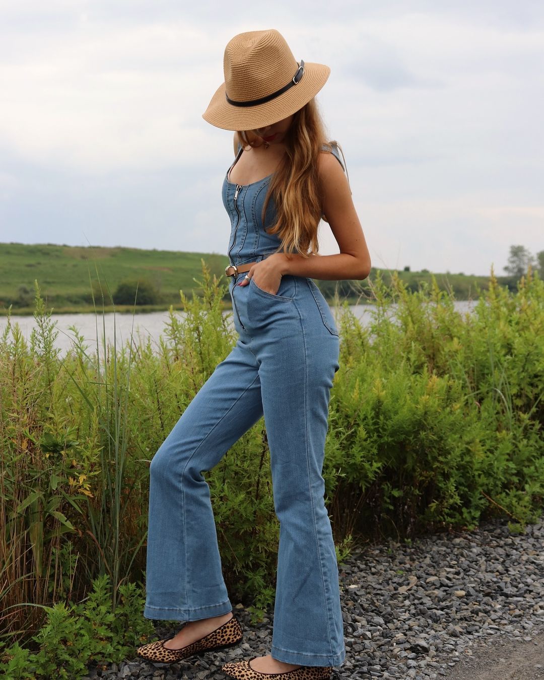 Square Neck Corset Front Zip Flared Leg Denim Strappy Jumpsuit-Blue-Hayhty.All Rights Reserved.