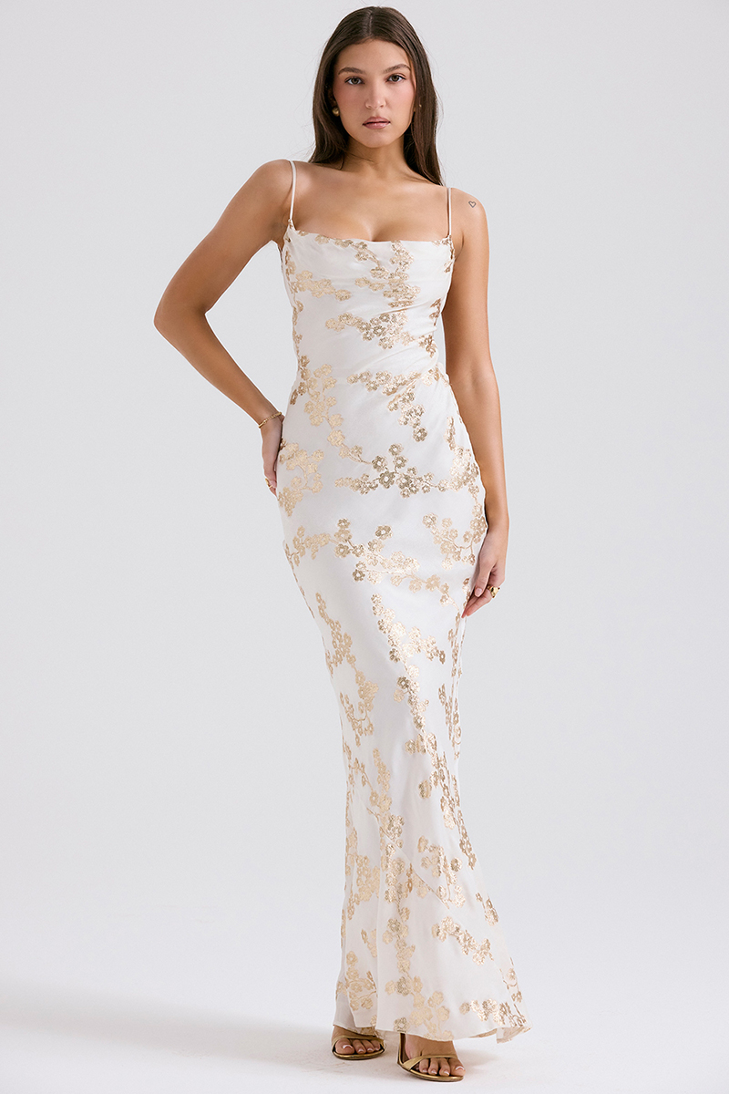 Shimmering Floral Pattern Lace Up Backless Fishtail Hem Slip Maxi Dresses-White-Hayhty.All Rights Reserved.