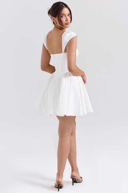 Irregular V Neck Short Sleeve Corset Pleated Mini Dresses-White-Hayhty.All Rights Reserved.
