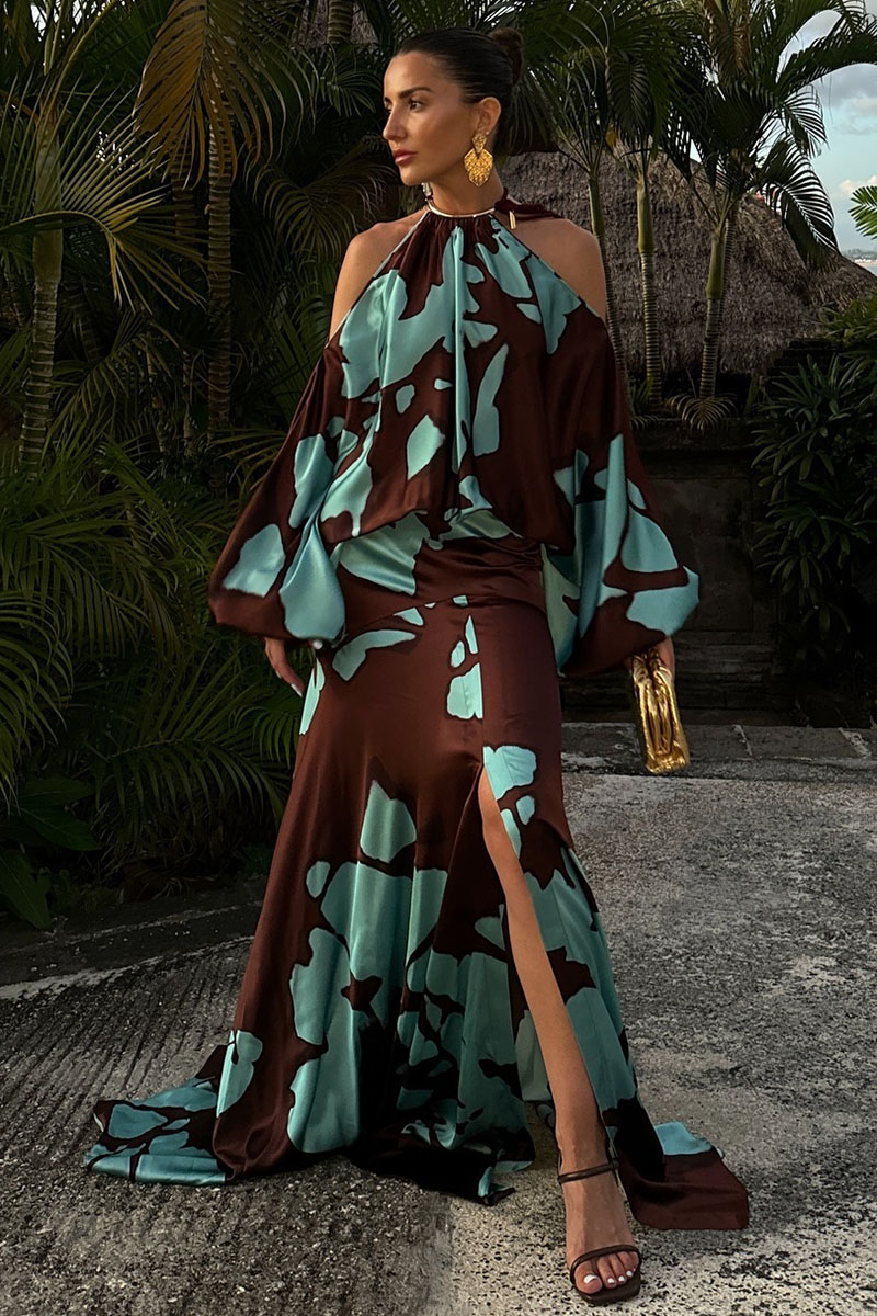 Cold Shoulder Halter Lantern Long Sleeve Cinch Waist Colorblock Maxi Dresses-Hayhty.All Rights Reserved.