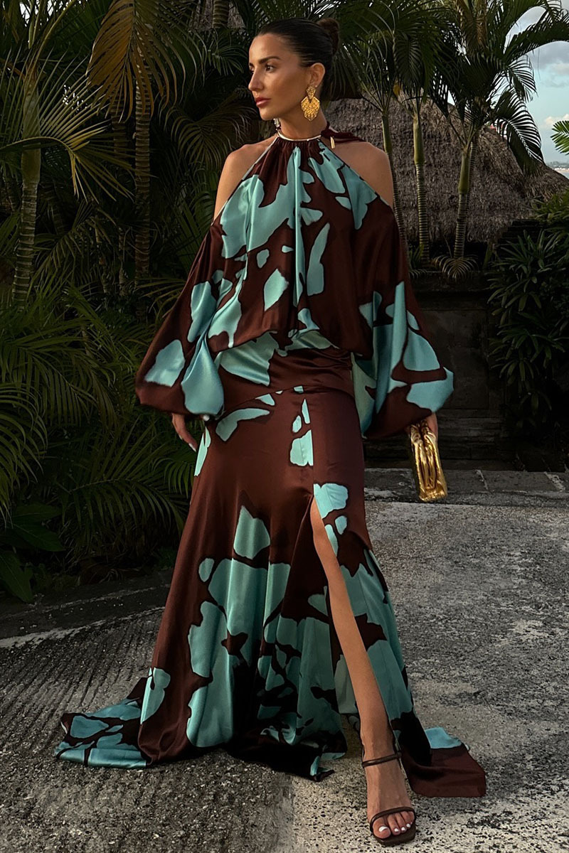 Cold Shoulder Halter Lantern Long Sleeve Cinch Waist Colorblock Maxi Dresses-Hayhty.All Rights Reserved.