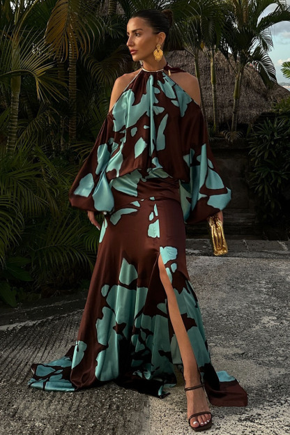 Cold Shoulder Halter Lantern Long Sleeve Cinch Waist Colorblock Maxi Dresses-Hayhty.All Rights Reserved.